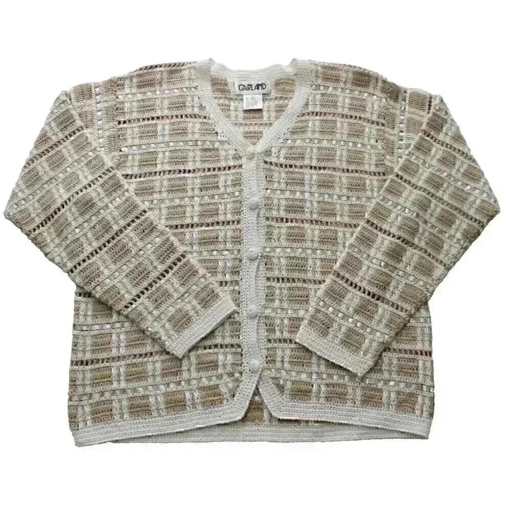 Vintage 70s Garland Women's Size L Ivory Cream Open Knit Button Cardigan Sweater